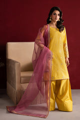 Yellow 3 Pc Embroidered Egyptian Cotton Suit