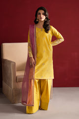 Yellow 3 Pc Embroidered Egyptian Cotton Suit