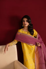 Yellow 3 Pc Embroidered Egyptian Cotton Suit